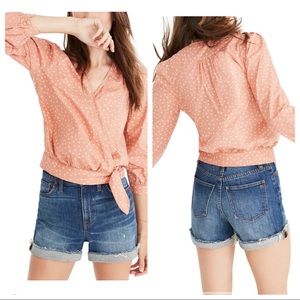 Madewell peach pink star print puff sleeve wrap blouse